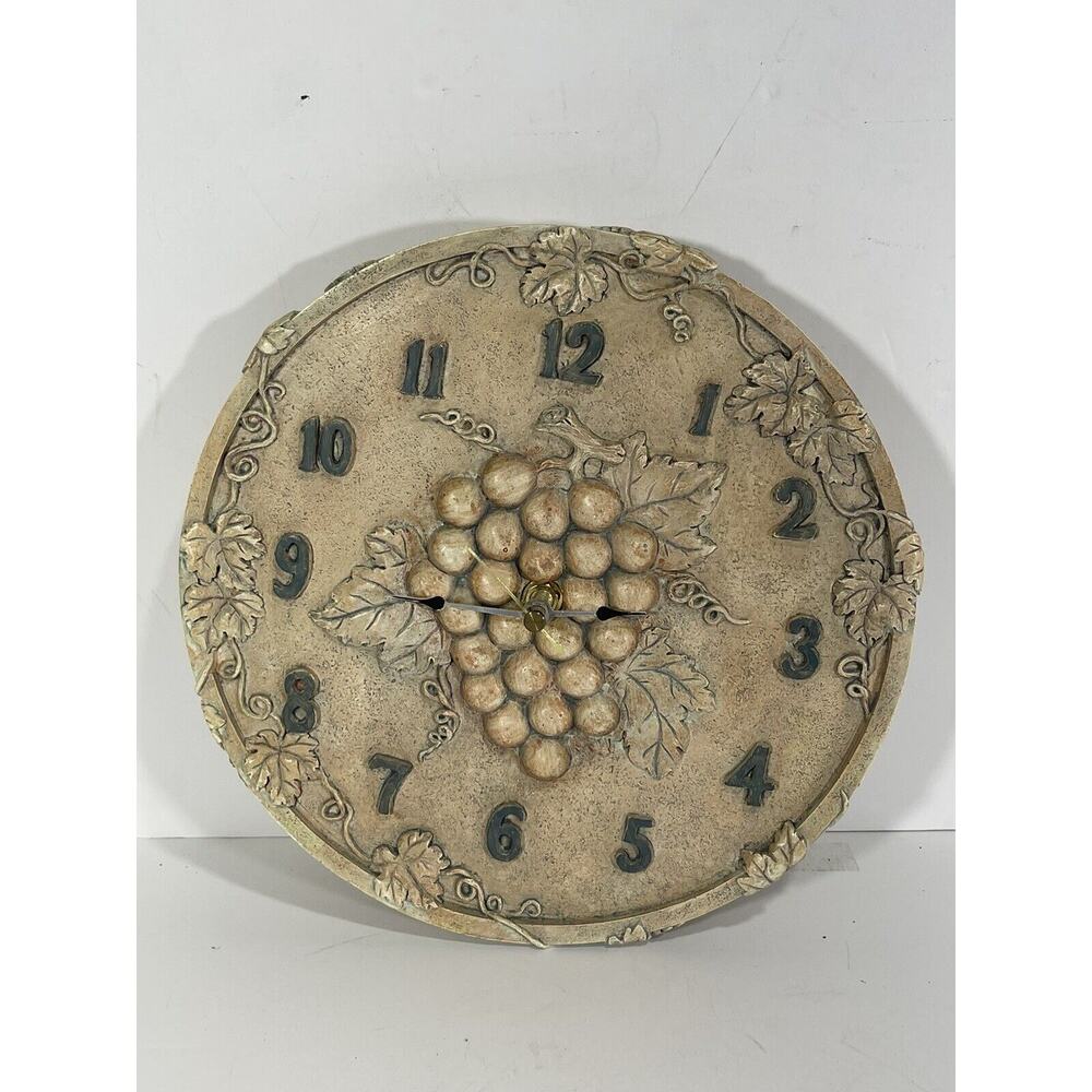 Vintage Ceramic Wall Clock Grapes Motif Gorgeous Round Fruits‎ Rustic Stone Like